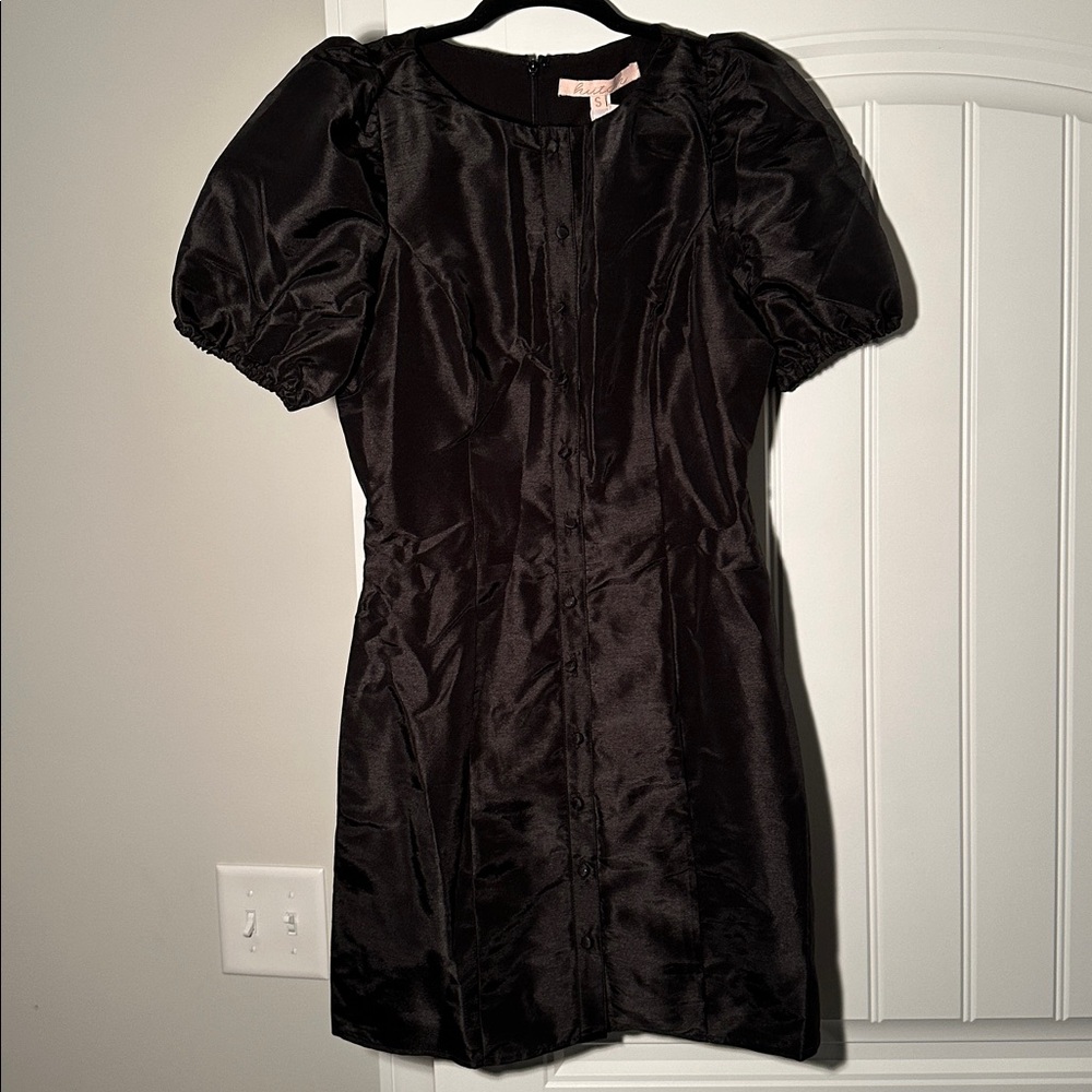 Anthropologie Hutch Cove Black Boat Neck Button Front Puff Sleeve Mini Dress - Picture 4 of 9